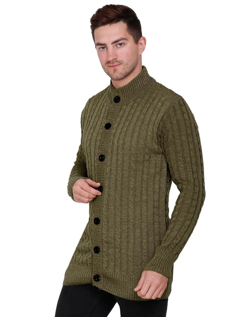 Matelco Mens Woollen Buttoned Banded Collar Sweater Full Sleeves for Winters (L, Olive Green) - Image 2