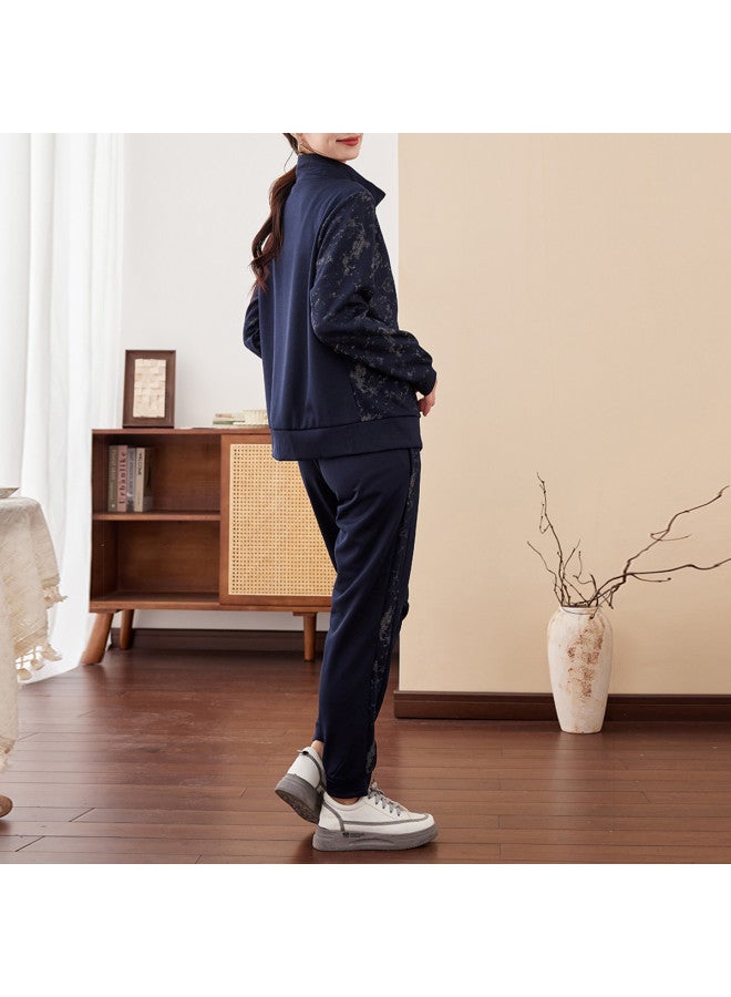 Tucano Women'S Two-Piece Set With Autumn Print Lapel Long Sleeve Zip-Up Jacket And Casual Tapered Pants - Image 4