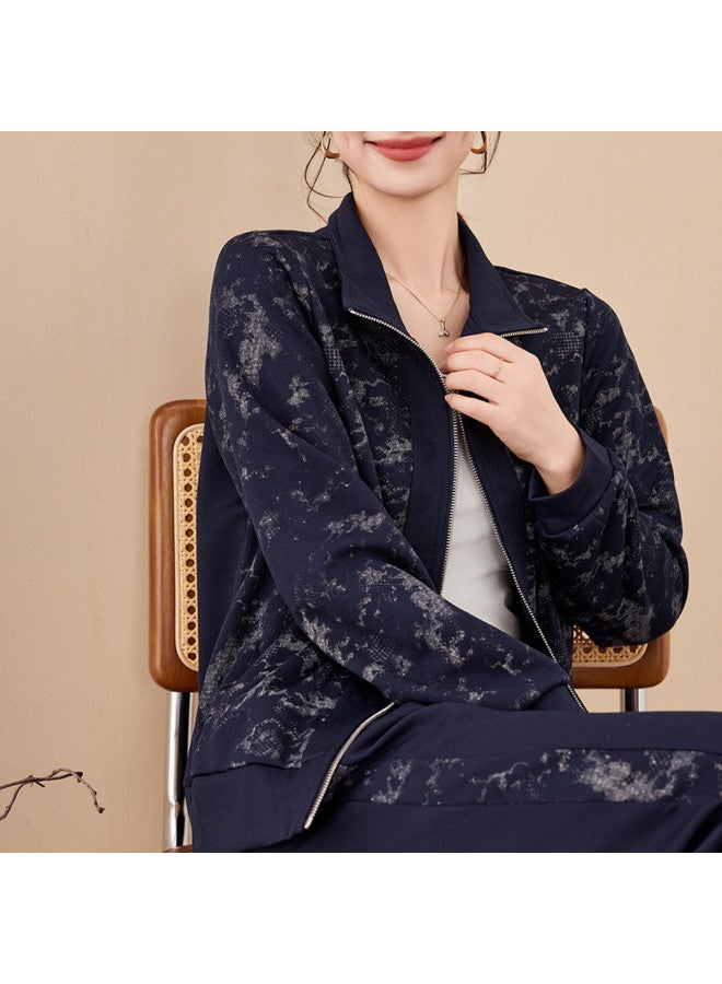 Tucano Women'S Two-Piece Set With Autumn Print Lapel Long Sleeve Zip-Up Jacket And Casual Tapered Pants - Image 3