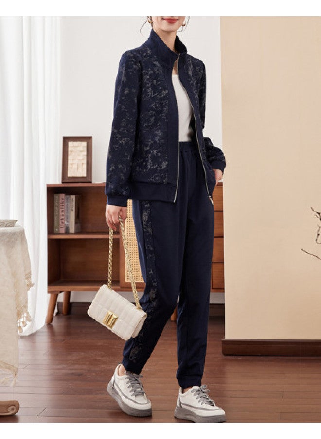 Tucano Women'S Two-Piece Set With Autumn Print Lapel Long Sleeve Zip-Up Jacket And Casual Tapered Pants - Image 1