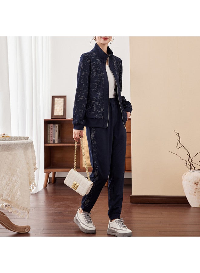 Tucano Women'S Two-Piece Set With Autumn Print Lapel Long Sleeve Zip-Up Jacket And Casual Tapered Pants - Image 2