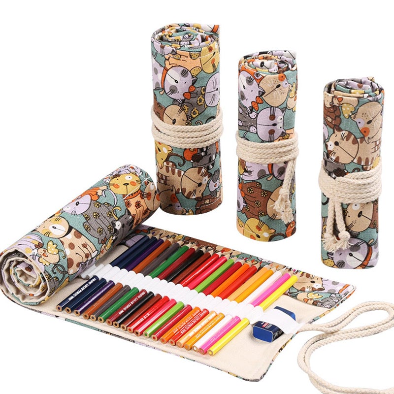 DIYOMR 243672 Slots Pencil Wrap Roll Up Bag for Artist Colored Pencils Short Brushes Drawing Sketching NO PENCILS Cuddly Cat 24slots