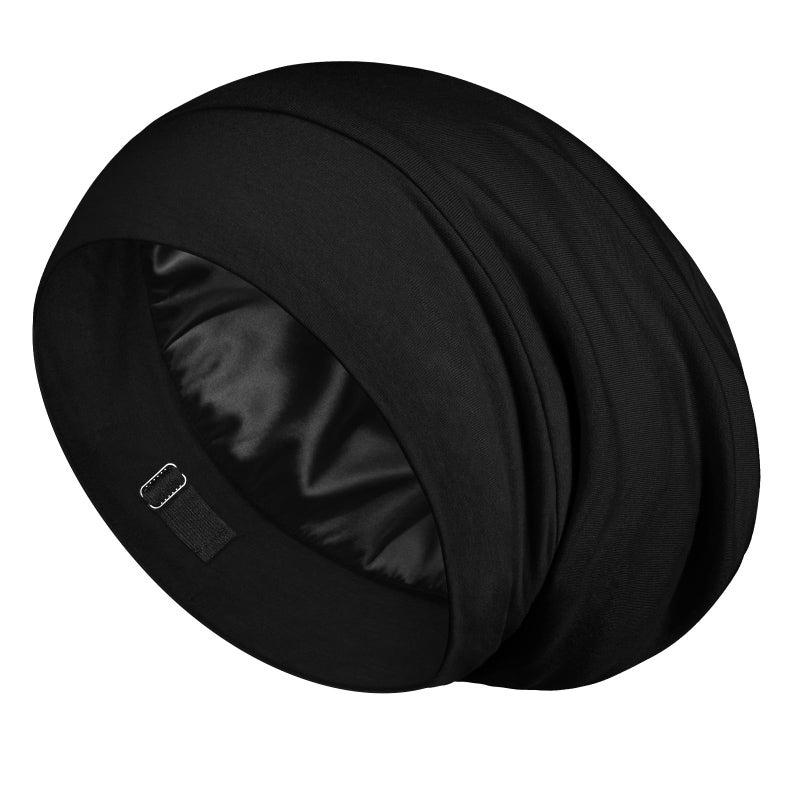 LULUSILK 100 Mulberry Silk Bonnet for Sleeping Women and Men No More Frizzy Tangled Hair Real Silk Sleep Cap for Curly Hair Black Pack of 1