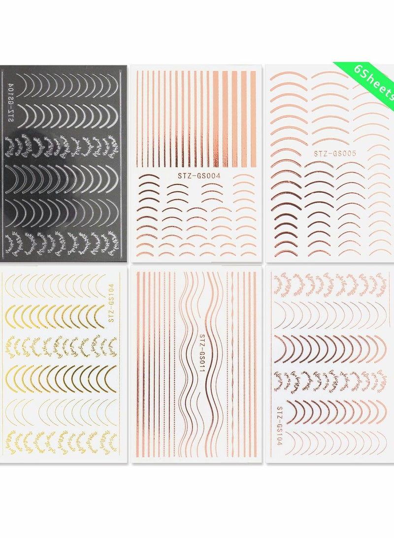 SOLARAE Nail Art Sticker 3D Metal Line Wavy Self-Adhesive Decal Rose Gold Silver Letter Stripe DIY Decoration Adhesive Design Accessories 6 Sheets - Image 2