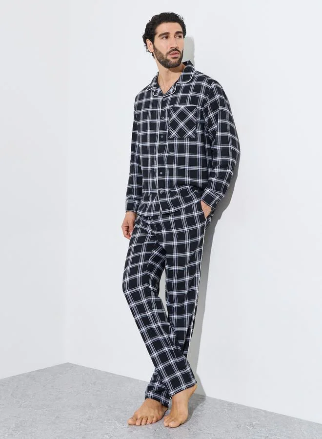 Men Black Checked Piped Shirt and Pyjama Set