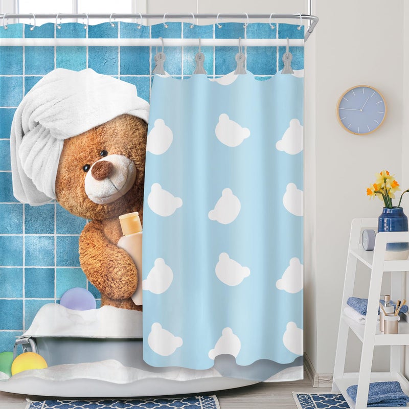 Riyidecor Funny Bear Shower Curtain 60Wx72H Inch Kids Cute Cartoon Blue Bathing Animal in Bathtub Bubbles Lovely Modern for Boys Girls Bathroom Decor Fabric Polyester Waterproof 12 Pack Hooks
