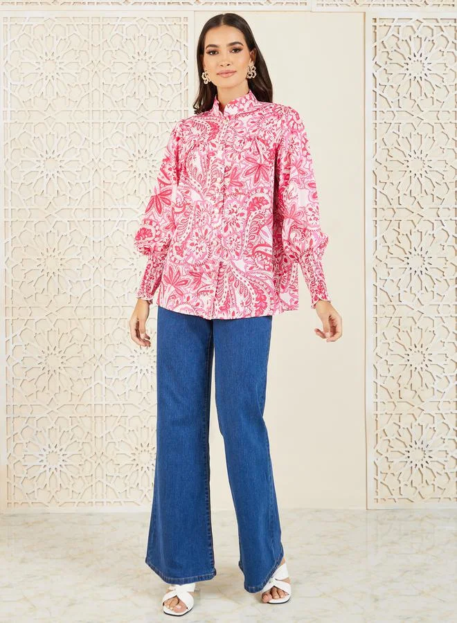 Styli Paisley Print Mandarin Collared Long Sleeve Shirt