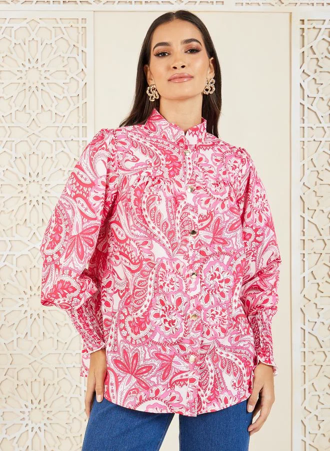 Styli Paisley Print Mandarin Collared Long Sleeve Shirt