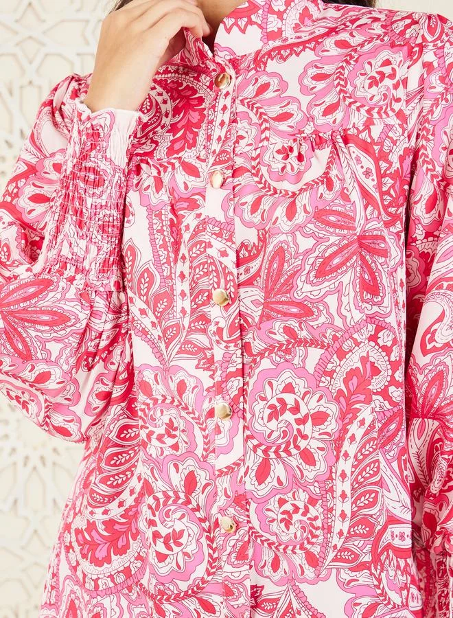 Styli Paisley Print Mandarin Collared Long Sleeve Shirt