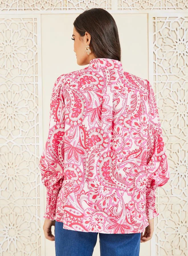 Styli Paisley Print Mandarin Collared Long Sleeve Shirt