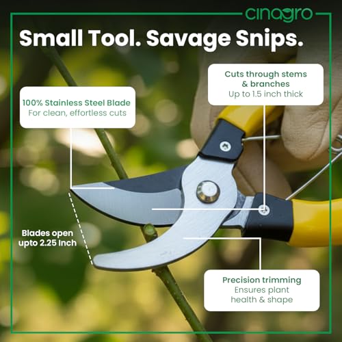 Cinagro 8.4 Inch TrimPro Pruner Cutter, Cuts Up to 1.5 Inch Branches, Stainless Steel Blade, Full Metal Body, PVC Grip Handles, Safety Lock, Rust-Resistant Garden Shears for Plants, Branches & Stems - Image 3