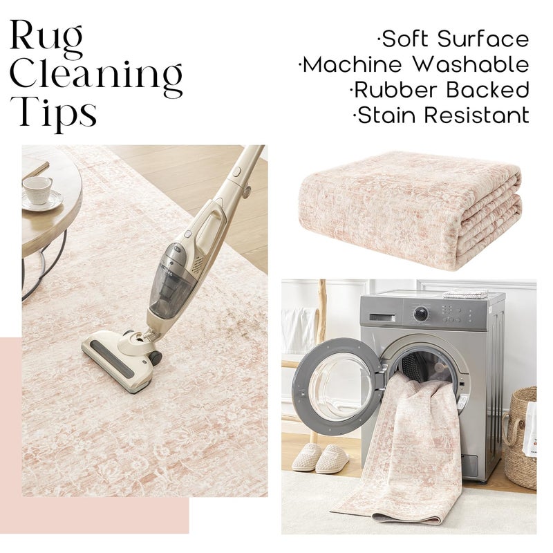 BILEEHOME Vintage Pink Rug 4x6 Washable Non Slip Floral Aesthetic Indoor Rugs for Entryway Kitchen Low Pile Carpet for Laundry Room Bathroom Front Door Mat for Entrance 4 x 6 - Image 4