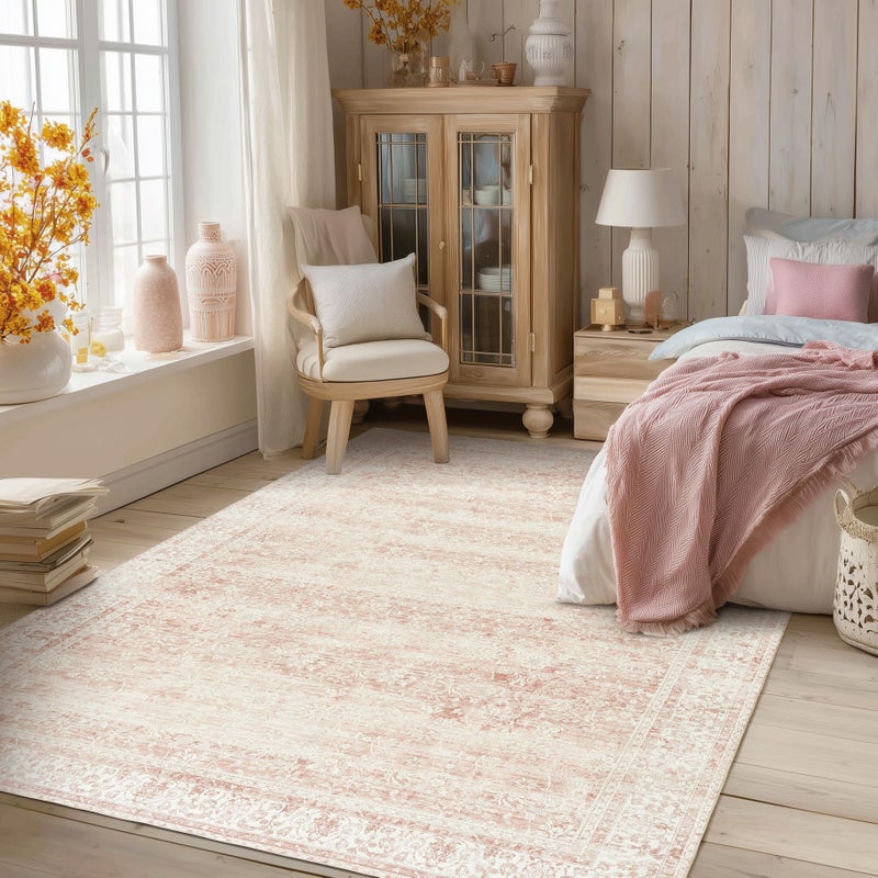 BILEEHOME Vintage Pink Rug 4x6 Washable Non Slip Floral Aesthetic Indoor Rugs for Entryway Kitchen Low Pile Carpet for Laundry Room Bathroom Front Door Mat for Entrance 4 x 6 - Image 2