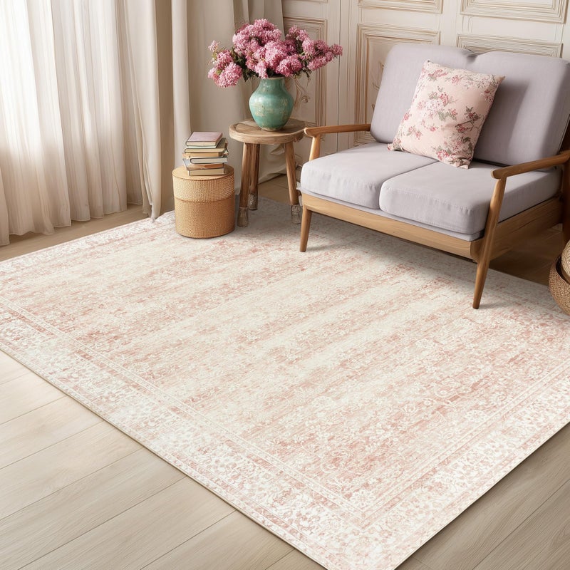 BILEEHOME Vintage Pink Rug 4x6 Washable Non Slip Floral Aesthetic Indoor Rugs for Entryway Kitchen Low Pile Carpet for Laundry Room Bathroom Front Door Mat for Entrance 4 x 6 - Image 1