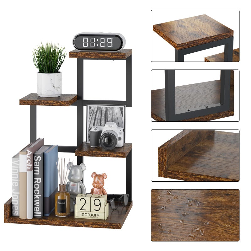 YMYNY Desktop Shelf Organizer, 4 Tier Storage Display Rack, Desk Shelf Organizer Small Bookshelf with Metal Frame for Office, Books, Plants, 12.2" x 9.45" x 17.52", Rustic Brown Black UHSR007H - Image 4
