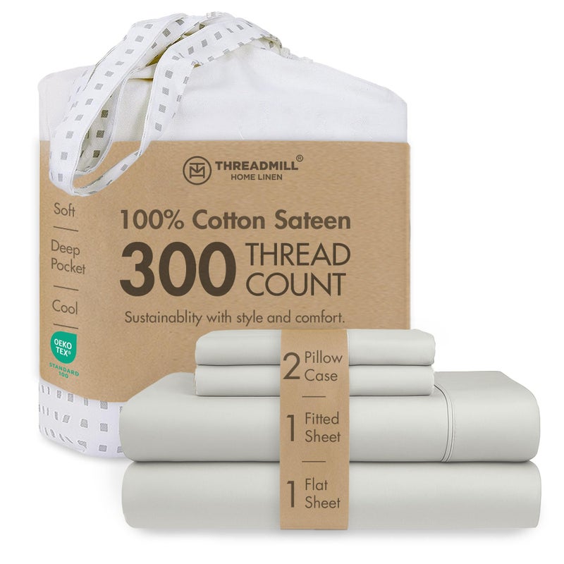 Threadmill Cotton Queen Sheet Set | 100% Cotton Sheets for Queen Size Bed | Solid Sateen Queen Bed Sheets Set with 16â€ Deep Pocket | Soft Breathable 4-Piece Cooling Bedding Sheet Set | Light Grey - Image 1