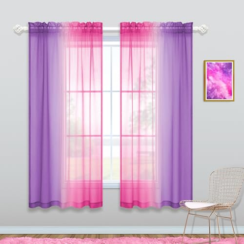 KOUFALL Pink and Purple Curtains 63 Inch Length for Girls Room Decor 2 Panels Set Kawaii Rainbow Window Sheer Ombre Lavender Lilac Teen Curtains for Bedroom Decorations