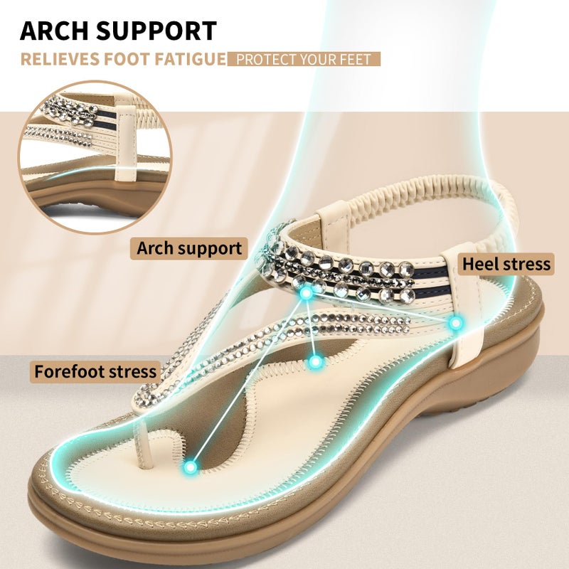 Littleplum Womens Sandals Arch Support Slingback Rhinestone Dressy Sandals Comfort Summer Shoes Ankle Strap Elastic Flats for Beach Walking Elegant White Size 8.5 - Image 3