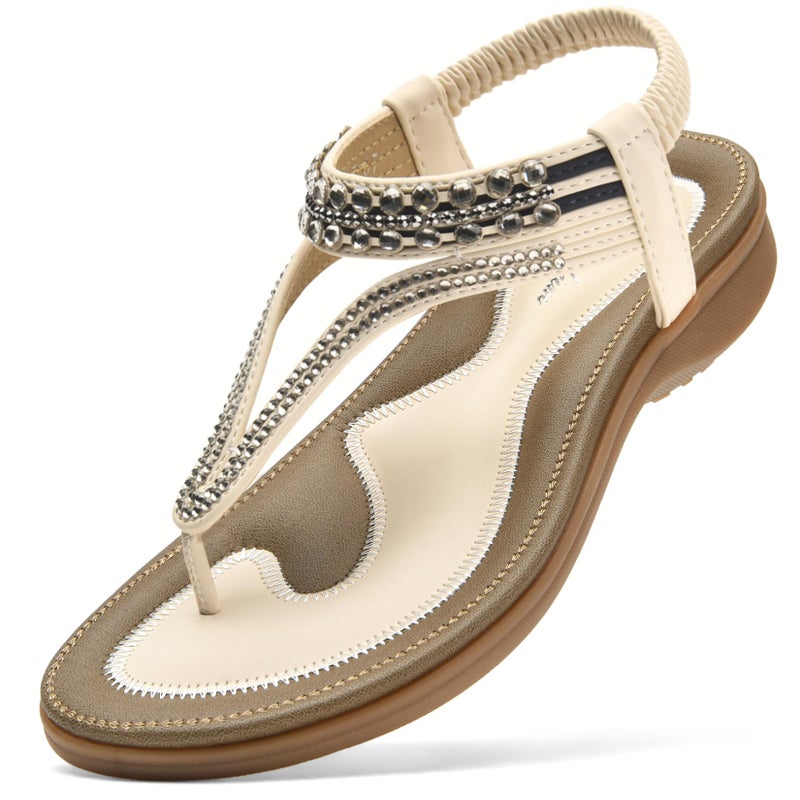 Littleplum Womens Sandals Arch Support Slingback Rhinestone Dressy Sandals Comfort Summer Shoes Ankle Strap Elastic Flats for Beach Walking Elegant White Size 8.5 - Image 1