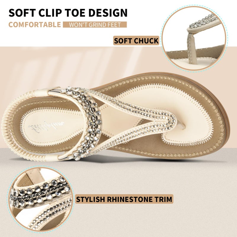 Littleplum Womens Sandals Arch Support Slingback Rhinestone Dressy Sandals Comfort Summer Shoes Ankle Strap Elastic Flats for Beach Walking Elegant White Size 8.5 - Image 4