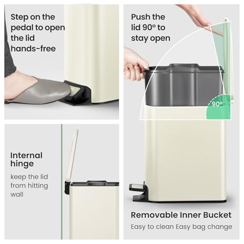 Cesun Small Bathroom Trash Can with Lid Soft Close, Step Pedal, 6 Liter / 1.6 Gallon Stainless Steel Garbage Can with Removable Inner Bucket, Anti-Fingerprint Finish (Creamy White) - Image 5