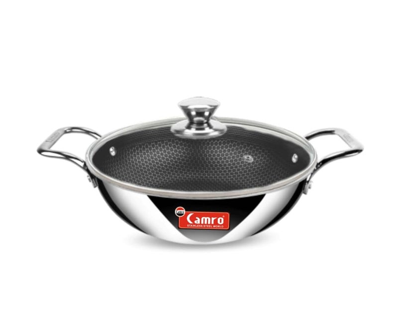 Camro Steel Camro Triply Honeycomb Kadhai with Glass Lid 24 Cm 24 Liters for Curry StirFry DeepFry DryVeg Hold Handles Non Stick Deep Kadai Induction Friendly Gas Ready 6 Year Warranty - Image 1