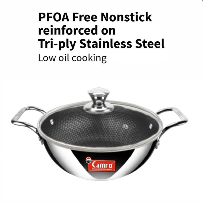 Camro Steel Camro Triply Honeycomb Kadhai with Glass Lid 24 Cm 24 Liters for Curry StirFry DeepFry DryVeg Hold Handles Non Stick Deep Kadai Induction Friendly Gas Ready 6 Year Warranty - Image 5
