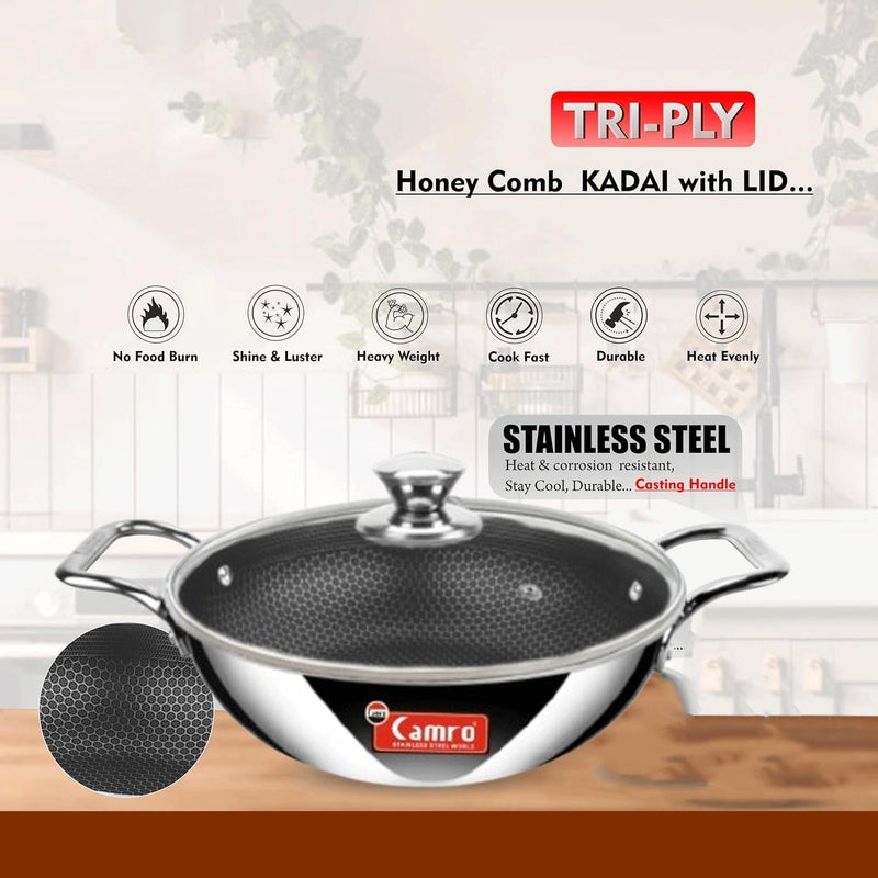 Camro Steel Camro Triply Honeycomb Kadhai with Glass Lid 24 Cm 24 Liters for Curry StirFry DeepFry DryVeg Hold Handles Non Stick Deep Kadai Induction Friendly Gas Ready 6 Year Warranty - Image 2