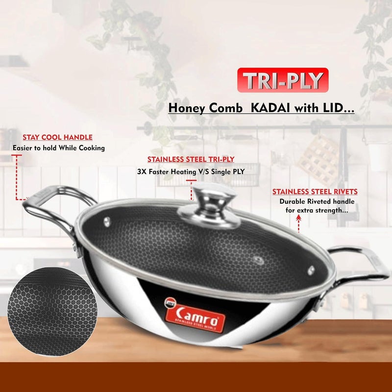 Camro Steel Camro Triply Honeycomb Kadhai with Glass Lid 24 Cm 24 Liters for Curry StirFry DeepFry DryVeg Hold Handles Non Stick Deep Kadai Induction Friendly Gas Ready 6 Year Warranty - Image 4