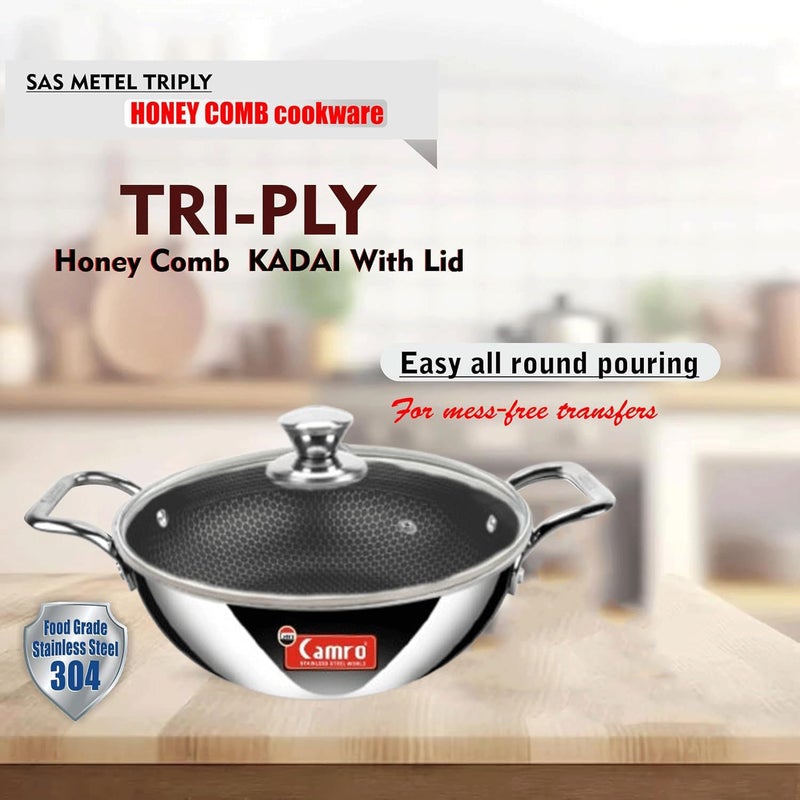 Camro Steel Camro Triply Honeycomb Kadhai with Glass Lid 24 Cm 24 Liters for Curry StirFry DeepFry DryVeg Hold Handles Non Stick Deep Kadai Induction Friendly Gas Ready 6 Year Warranty - Image 3