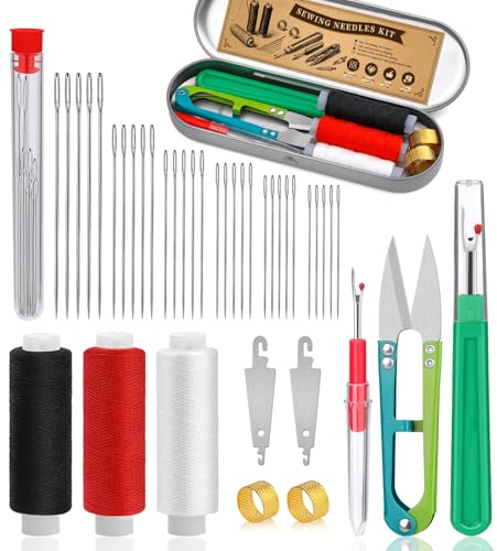 FOUSNOW 42 PCS Big Eye Steel Sewing Needles Kit, 6 Size Steel Needles for Hand Sewing, Needle and Thread Sewing Kit with Seam Ripper, Threader, Storage Box Supplies for Repairing Quilting Embroidery Crafts - Image 1