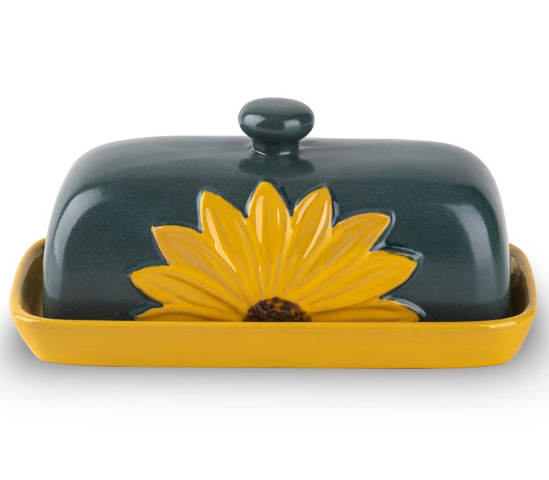 Farmhouse Ceramic Butter Keeper with Lid  Large Sunflower Butter Container