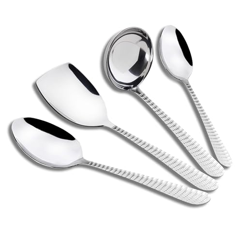 Axiom Serving Tools Stainless Steel 4 Piece Heavy Gauge Non-Stick Set Of 1 Soup Ladle (Karchi), 2 Solid Spoon (Chamcha) And 1 Rice Spoon For Serving Soup/Curry/Dal/Rice/Pasta - 24 Cm - Image 1