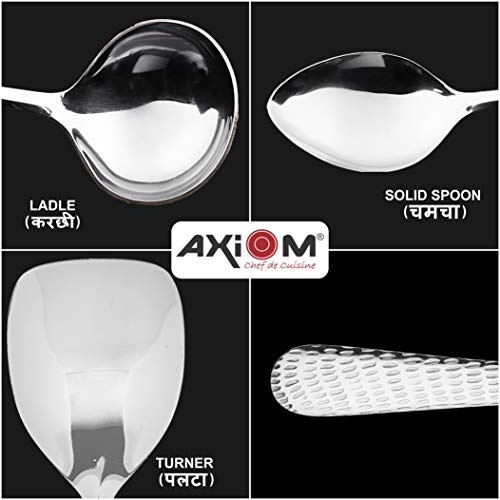 Axiom Serving Tools Stainless Steel 4 Piece Heavy Gauge Non-Stick Set Of 1 Soup Ladle (Karchi), 2 Solid Spoon (Chamcha) And 1 Rice Spoon For Serving Soup/Curry/Dal/Rice/Pasta - 24 Cm - Image 4