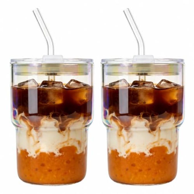 Luxfuel 16 oz Glass Tumbler with Lid & Straw, Reusable Iced Coffee Cup & Smoothie Cup, Leak-Proof Borosilicate Glass for Coffee, Iced Tea, Water  2 Pack, Ideal for Office, Home & Travel, Iridescent