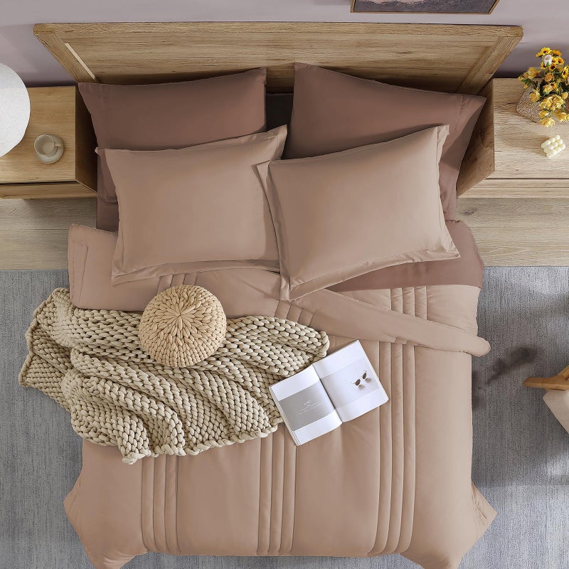Monbix Queen Comforter Set - 7 Pieces Rust Pink Bed in a Bag Queen Bedding Sets with Comforters, All Seasons Comforter Bed Set with Sheets,Pillowcases & Shams - Image 2