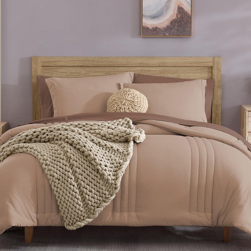 Monbix Queen Comforter Set - 7 Pieces Rust Pink Bed in a Bag Queen Bedding Sets with Comforters, All Seasons Comforter Bed Set with Sheets,Pillowcases & Shams - Image 1