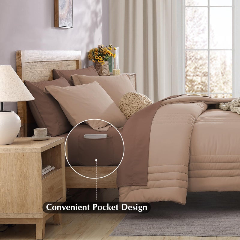 Monbix Queen Comforter Set - 7 Pieces Rust Pink Bed in a Bag Queen Bedding Sets with Comforters, All Seasons Comforter Bed Set with Sheets,Pillowcases & Shams - Image 4