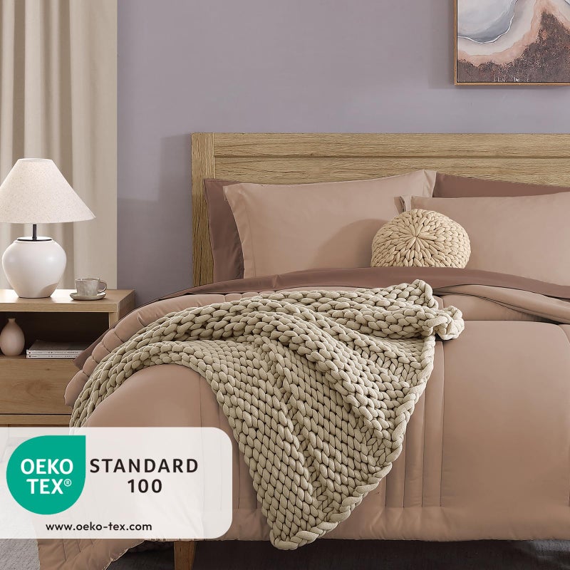 Monbix Queen Comforter Set - 7 Pieces Rust Pink Bed in a Bag Queen Bedding Sets with Comforters, All Seasons Comforter Bed Set with Sheets,Pillowcases & Shams - Image 3