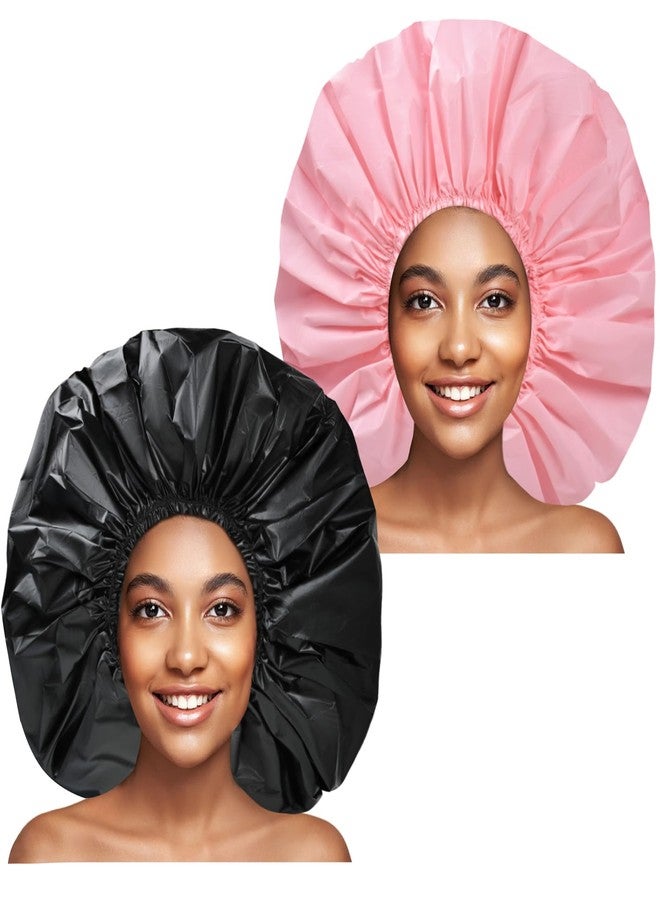 CHFONG Extra Large Shower Cap 2 PCS Waterproof Shower Caps for Women, Super Jumbo Shower Cap, Reusable Super Large Bath Caps Hair Cap for Long Thick Curly Hair, Locs, Twist Braids - Black + Pink - Image 1