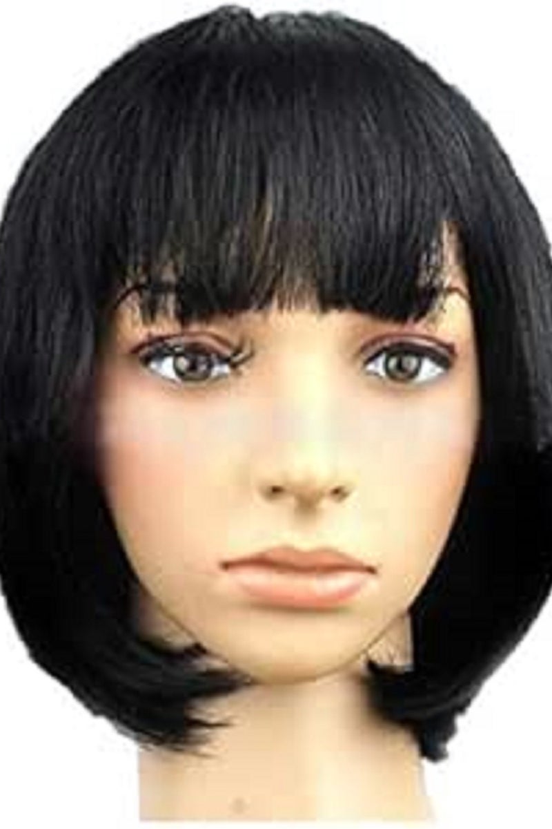 باروكة شعر قصيرة من ECIF بطول 12 بوصة مع غرة مسطحة صناعية ملونة للحفلات اليومية للنساء، طبيعية كالشعر الحقيقي + غطاء شعر مستعار مجاني (أسود)