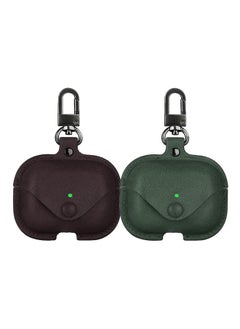 YOMNA Protective Leather Case Compatible with AirPods Pro 2 Case, Wireless Charging Case Headphones EarPods, Soft Leather Cover with Carabiner Clip (Maroon/Dark Green) - (Set of 2)