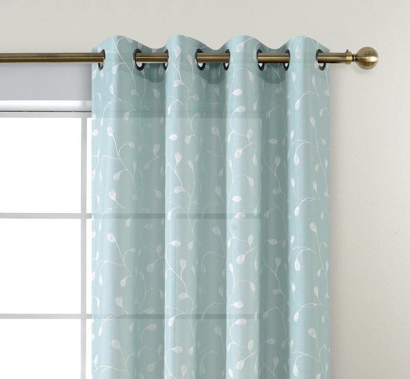 MIUCO Floral Embroidered Semi Sheer Curtains Faux Linen Grommet Window Panel Pair for Kitchen 52 x 63 Inch, Subtle Green - Image 3