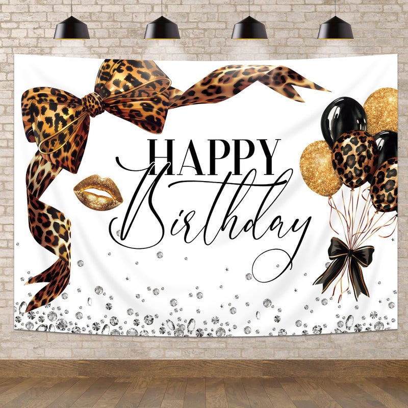 Newsely Leopard Print Bow Happy Birthday Backdrop 7Wx5H Photography Coquette Brown White Gold Bowknot Balloons Diamond Bownot Background Girly Party Decorations Banner Photo Booth Props Supplies - Image 3