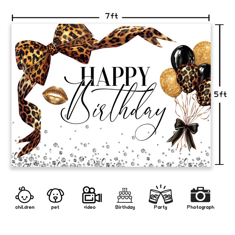 Newsely Leopard Print Bow Happy Birthday Backdrop 7Wx5H Photography Coquette Brown White Gold Bowknot Balloons Diamond Bownot Background Girly Party Decorations Banner Photo Booth Props Supplies - Image 5