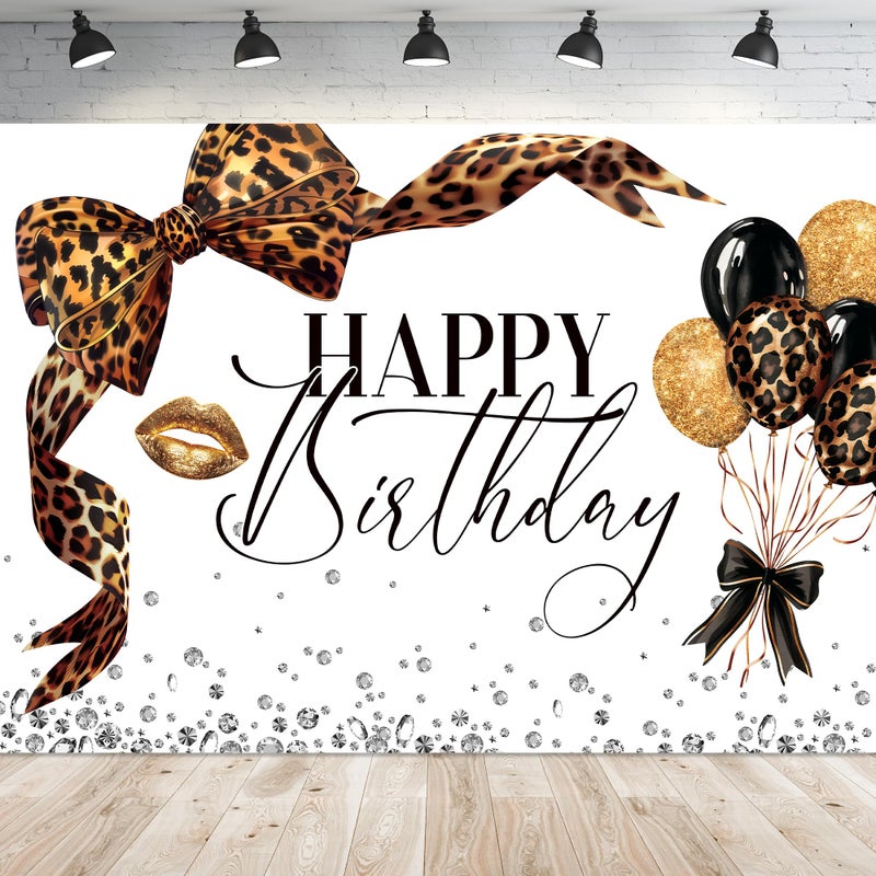 Newsely Leopard Print Bow Happy Birthday Backdrop 7Wx5H Photography Coquette Brown White Gold Bowknot Balloons Diamond Bownot Background Girly Party Decorations Banner Photo Booth Props Supplies - Image 1