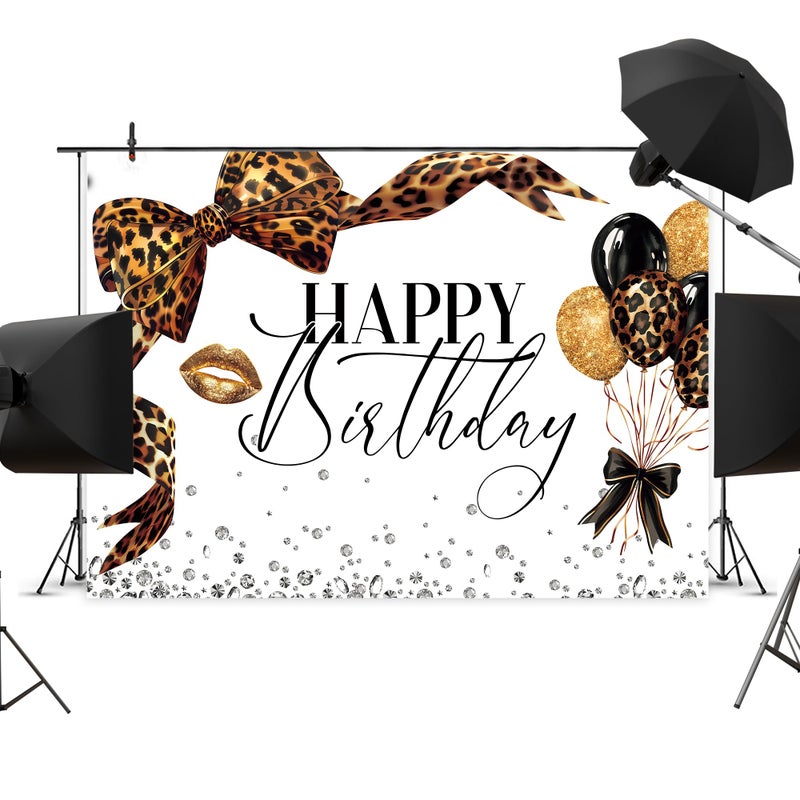 Newsely Leopard Print Bow Happy Birthday Backdrop 7Wx5H Photography Coquette Brown White Gold Bowknot Balloons Diamond Bownot Background Girly Party Decorations Banner Photo Booth Props Supplies - Image 4