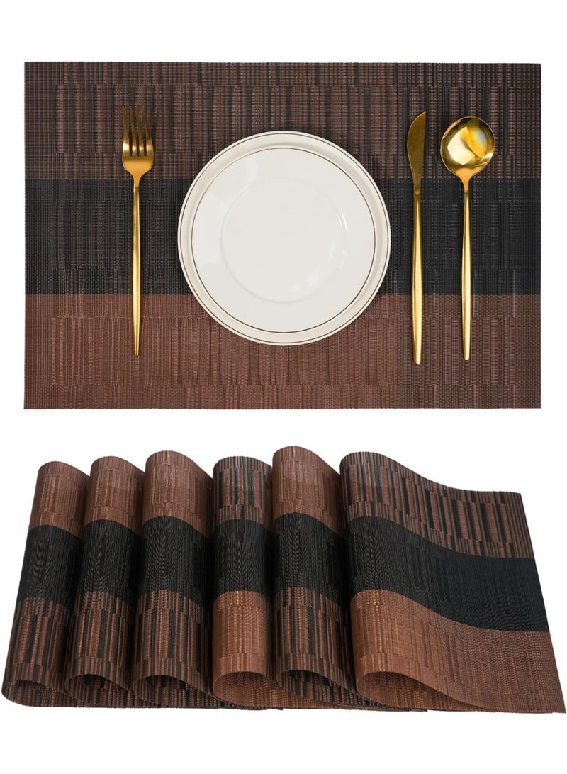 PVC Woven Placemats Set of 6, Non-Slip Heat Resistant Table Mats, Black Brown Striped, 30x45 cm - Image 1