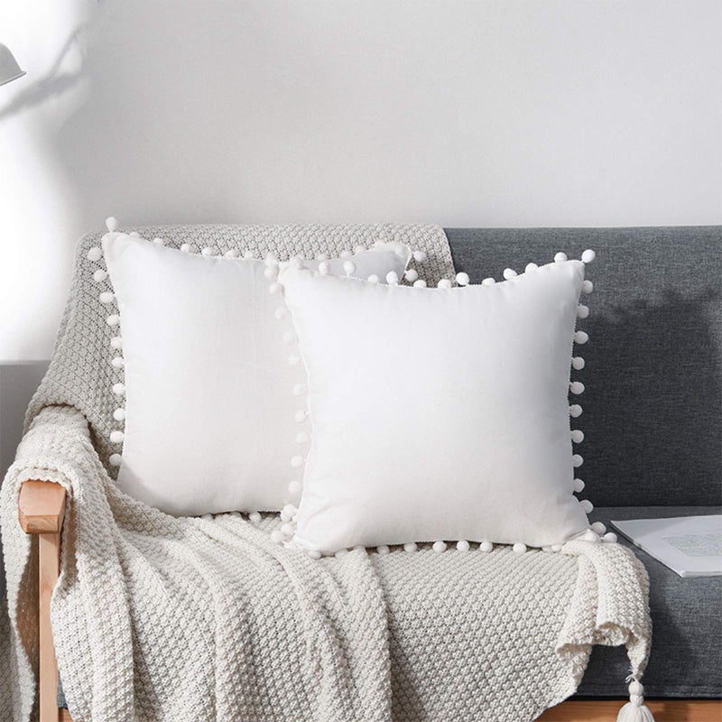 CAWANFLY Set of 2 Decorative Throw Pillow Covers with Cute Pom Pom Square Soft Cushion Case Home Decor for Couch Sofa Bed White 16x16 Inch
