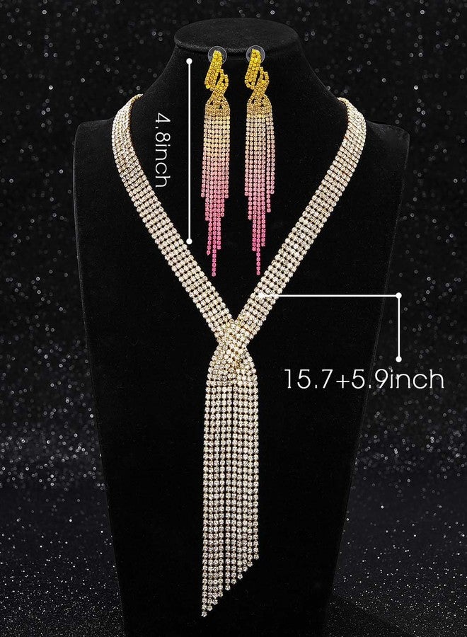 ELABEST Long Rhinestone Necklace Statement Tassel Necklaces Crystal Layered Y Choker for Women (2 Pack Gold Necklace Earrings) - Image 4
